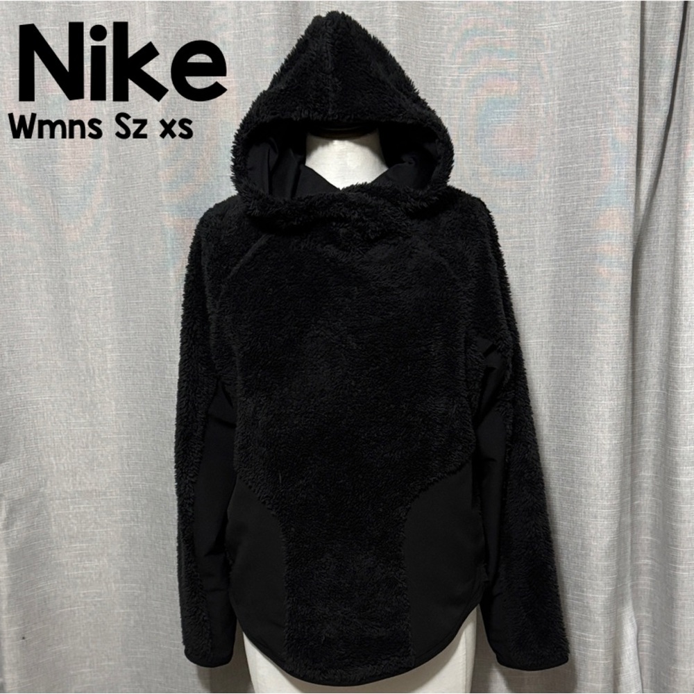 Wmns Nike Fuzzy Sherpa Hoodie-Sz Xs Boxy Fit-Black-Pockets-Polyester-EUC
